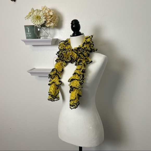 Ruffs & Pom-Poms Crocheted Yellow Black Scarf - Picture 5 of 10